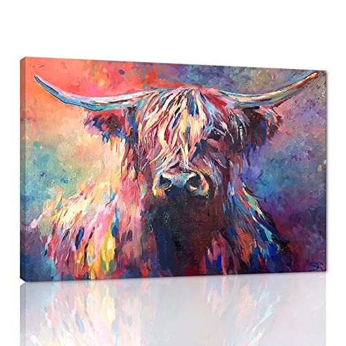 Banksy Graffiti Freedom Highland Cow Picture Canvas Wall Art Pop Street Art Farmhouse Cow Poster Oil Painting Artwork Men Home Kitchen Office Decor Giclee Print Wood Frame Gallery Wrapped-36''Wx24''H #TOP22