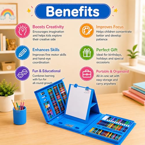 Image of WISHKEY 208 Pieces Art Set for Kids with Storage Case, All in One Art and Craft Supplies Kit for Drawing and Painting with Marker, Watercolor, Pens, Crayons, Color Pencils (Pack of 1, Blue)