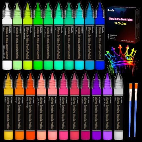 Roizefar Glow in the Dark Paint, 21 Colors (20 ml /0.68 oz) 3D Permanent Acrylic Fabric Paints for Clothes, Neon Fabric Paint for Art Painting and Crafts