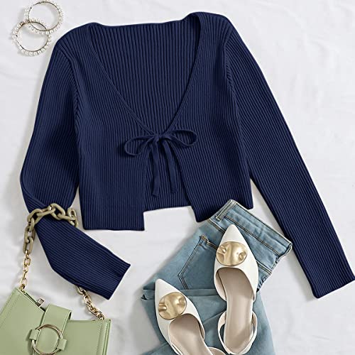 Image of Floerns Women's Tie Front Long Sleeve Rib Knit Shrug Sweaters Cardigan Crop Top