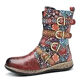Socofy Leather Mid Calf Boots Autumn Winter Ankle Boots for Women, Riding Boots Vintage Side Zipper Short Boots Bohemian Floral Pattern Boots Outdoor Round Toe Flat Casual Antil Slip Comfort Walking