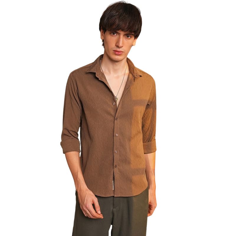 Image of CAHOOT Men's Veined-Textured Shirt | Casual Wear | Spread Collar | Long Sleeve | Button Closure | Shirt Crafted with Comfort Fit for Everyday Wear