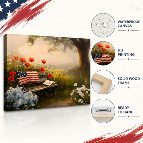 Image of RIBNTAK Made in USA Farmhouse Floral 4th of July Canvas Prints- Vibrant Bench in Peaceful Garden Landscape Wall Art, Memorial Day Pictures for Living Room, Bathroom, or Office Wall Decor