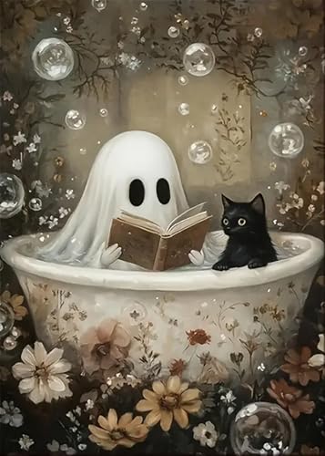 LKHMVCA Halloween Ghost Read Cat Flower Paint by Number Kits for Adults DIY Paint by Numbers Kits for Adults Beginners Without Frame Acrylic Paint Canvas Painting Kits Art for Home Decor 16x20 Inch
