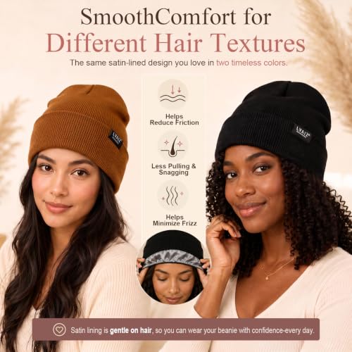 Image of 2 Pack Satin Lined Beanies for Men and Women Warm Cuffed Winter Hats