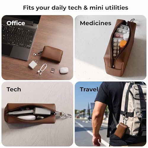 Image of eo Travel Organizer Pouch | Toiletry Pouch for Men & Women | Mini Cable Organiser Bag for Travel, Tech, Charger & Laptop Cable Pouches with Carabiner, Super Smooth Zipper (Brown)