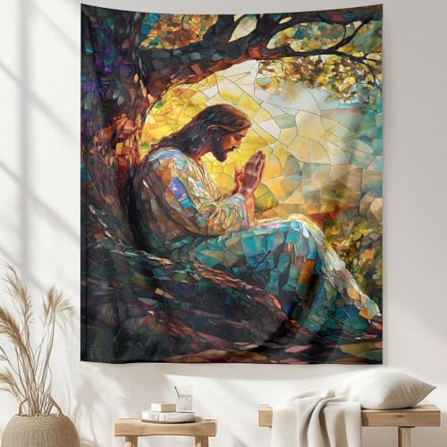 Orlco Art Stained Glass Jesus Sit Under The Tree Tapestry - Religious Digital Artwork, Inspirational Christian Decor Living Room Wall Hanging 51x59 Inches