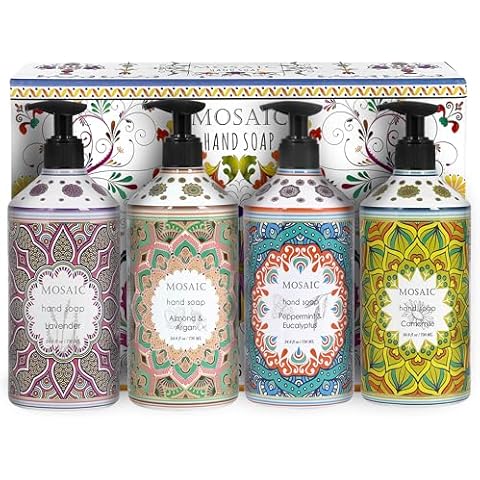AnatoliaDaphne Mosaic Liquid Hand Soap/Wash Gift Set, Ideal Bathroom Kitchen Hand Soap Set,Lavender + Almond & Argan + Peppermint & Eucalyptus + Camomile, 4 x 24.6 fl oz Each Liquid Soap Bottle Cover