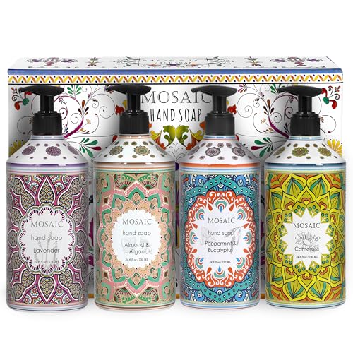AnatoliaDaphne Mosaic Liquid Hand Soap/Wash Gift Set, Ideal Bathroom Kitchen Hand Soap Set,Lavender + Almond & Argan + Peppermint & Eucalyptus + Camomile, 4 x 24.6 fl oz Each Liquid Soap Bottle