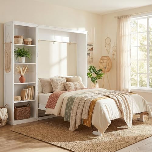 Merax Space-Saving White Murphy Bed Queen Size with Adjustable Storage Shelves Multifunctional Foldable Wall Bed for Small Spaces Studio Study Office Guest Room