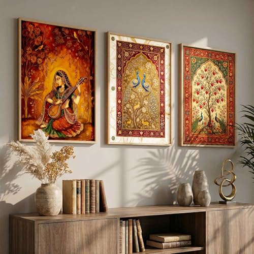 Image of kotart Decorative Traditional Wall Art Home Decor Madhubani Painting poster With Frame For Living Room Bed Room Hotel Wall Decor Digital Reprint Set of 3 (10X13 INCH)