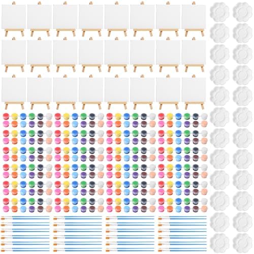 Qilery 24 Set Acrylic Paint Kit Mini Canvas Panels with Wooden Easel, 12 Colors Acrylic Paint Strips, Painting Brush, Paint Palettes, Art Set for Kids Paint Crafts Birthday Party Favors (4″ X 4″)