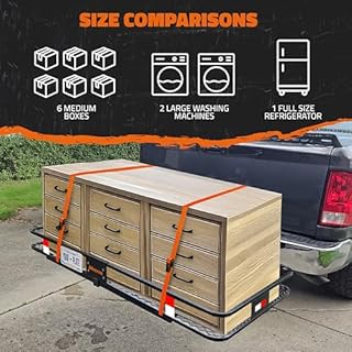 Mockins XXL 70"x30"x6" Folding Trailer Hitch Cargo Carrier | 500 Lbs. Cap Cargo Hitch Carrier Rack | Weatherproof Steel Luggage Rack for SUV, Car & Truck w/License Plate Holder, Stabilizer, & Straps