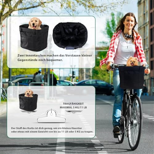 Goldmiky Fahrradkorb, Faltbar Wasserdicht Fahrrad Lenkerkorb, Abnehmbare Lenkerkorb Aluminiumlegierung Rahmen Hund Katze Haustier Träger für Kleiner Hund, Mountain Picknick, Einkaufen (Schwarz)