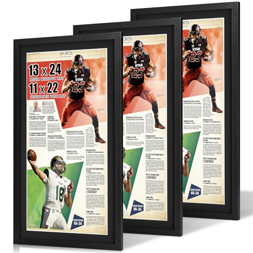 Image of JupDec 11 x 22 Up to 13 x 24 Newspaper Frame, Premium Wood Display Case with Acrylic Panel, Wall Mount or Tabletop Stand, Perfect for Home & Office Decor, Ideal Gift for Collector, 3 Pack, Black
