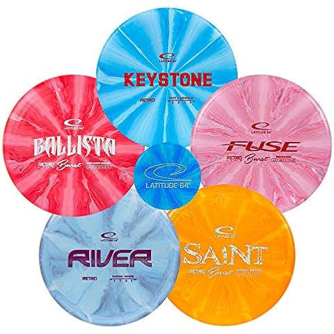 Latitude 64 Disc Golf Starter Set 5 Pack | Frisbee Golf Set | River and Saint Fairway Drivers | Ballista Distance Driver | Fuse Midrange | Keystone Disc Golf Putter | Retro Burst Frisbee Golf Set Cover