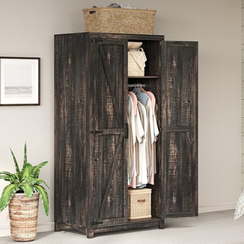 AMERLIFE Farmhouse Armoire Wardrobe Closet with 2 Barn Doors, 71'' Storage Cabinet with Hanging Rod & Shelf, Versatile Clothing Storage for Bedroom, Black Walnut