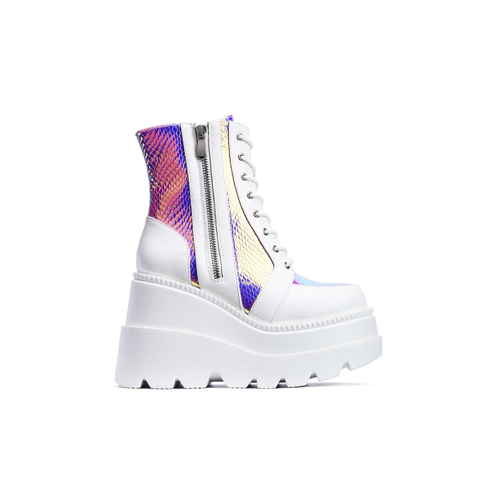 Cape Robbin Holographic Platform Ankle Boots for Women Chunky Block Heels Pointed Toe PU Leather with Buckle Strap Retro Futuristic Style (Radio)