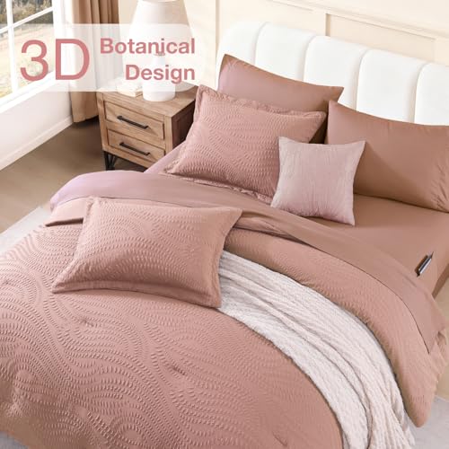 Image of King Size Comforter Set- 7 Pieces Dusty Pink Bed in a Bag King Bedding Sets | All Season Soft Botanical Textured Comforter Bed set with Sheets, Pillowcases & Shams