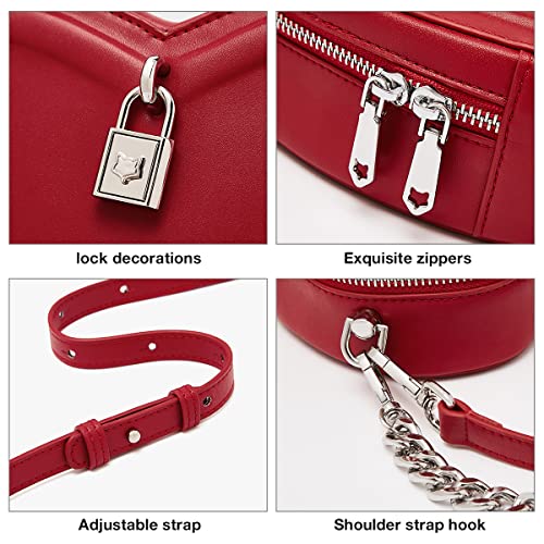 Split Cow Leather Shoulder Bag For Women Quilted Chain Crossbody Bag Purse Fashion Heart-Shaped Handbag Mini Bag (Red-1) #TOP3