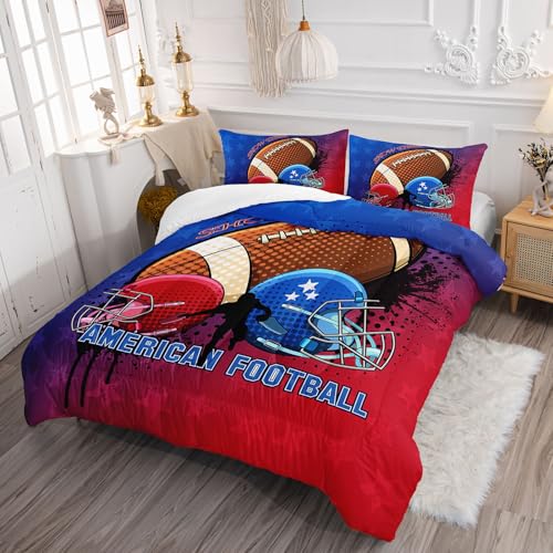 Image of Rugby Comforter Set American Football Sports Theme Printed Bedding Set with 1 Comforter and 2 Pillowcases for Boys and Girls Bedroom All Season(Rugby Queen)