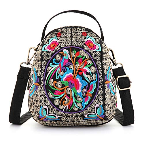 Goodhan Embroidery Canvas Crossbody Bag Cell phone Pouch Coin Purse for Women, Pink Flowers