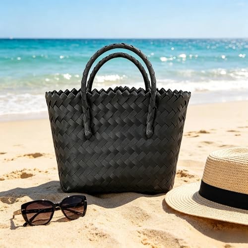 Bolso tote de paja, bolso grande para la playa, bolso tipo cesta bohemio cuadrado con asas de bambú (negro) miniatura 3