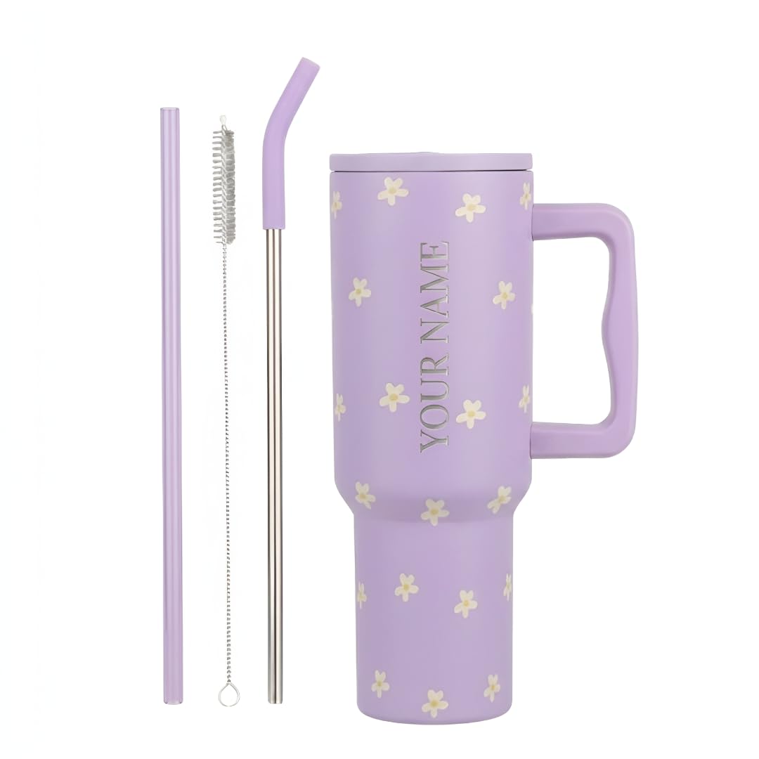 Personalised with Your Name, 1200ml Tumbler with Straw - Handle – Stainless Steel Double Wall Insulated Cup | Leakproof Sipper Mug for Hot - Cold Drinks | Coffee - Water Tumbler (Purple flower custom)