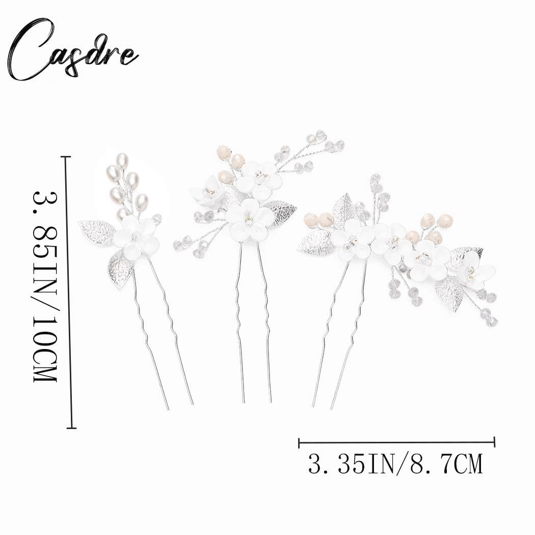 Casdre Flower Bridal Hair Pins Pearl Bride Wedding Hair Accessories Rhinestone Hair Piece for Women and Girls(Pack of 3) (A Silver) - Image 7
