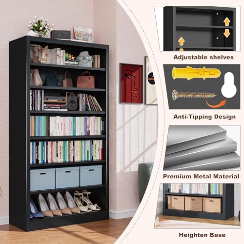 Image of Metal DVD Storage Cabinet, 7 Tier Tall Media Storage Shelf with Adjustable Shelves, Freestanding CD & DVD Rack Tower Bookshelf for Living Room, Home Entertainment,Black