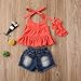 2Pcs Toddler Baby Girl Summer Shorts Set Ruffle Halter Crop Top + Ribbed Denim Shorts Jeans Casual Fashion Clothes (Red Denim, 4-5 T)