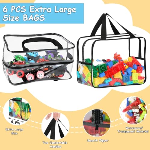 Image of 6 Packs Widen X-Large Toy Storage Bags 12.6x9.25x6.9In with Labels, Reusable Clear PVC Board Game Storage, Travel Waterproof Organizer Bags with Zipper for Building Blocks, Puzzle, Stuffed Animals