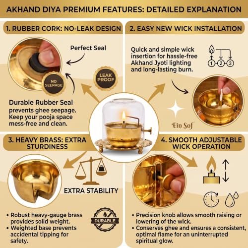 Image of Ein Sof Akhand Diya with Adjustable Bati for Pooja (5 inches), Large Size Brass Diyas with Wick Lifting Screw Lever & Borosilicate Glass Cover for Home Decoration, Puja & Gifting (250ml, 48 Hour)