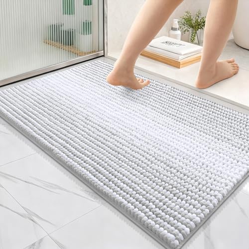 Image of OLANLY Bathroom Rugs 36x24, Extra Soft Absorbent Chenille Striped Bath Rugs, Rubber Backing, Machine Wash Dry, Bath Mats for Bathroom Floor, Tub and Shower, Home Decor Accessories, Light Grey