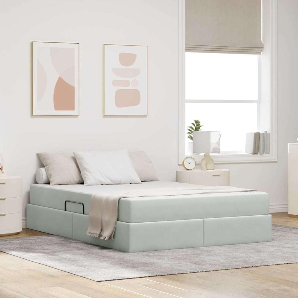 Cama de almacenamiento con colchón, gris claro, 140 x 200 cm, tela de terciopelo, cama doble con ascensor hidráulico y amplio espacio de almacenamiento para dormitorio