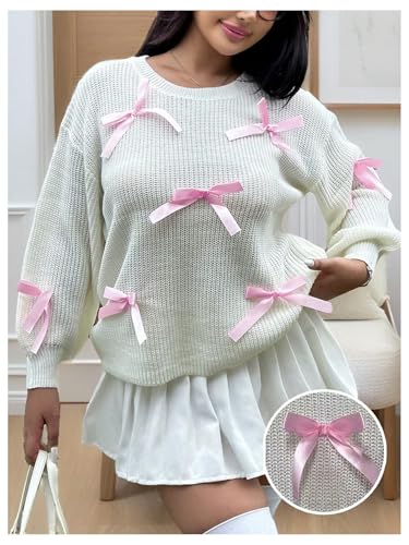 MakeMeChic Women's Plus Size Bow Sweater Crochet Crew Neck Lightweight Sweater Long Sleeve Cute Pullover Top3