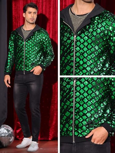 Image of Lars Amadeus Argyle Sequins Jackets for Men's Long Sleeves Metallic Shiny Hooded Disco Jacket