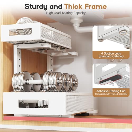 Image of 2-Pack Under Sink Storage Organizer, Large 2-Tier Elegant Mesh Pull Out Shelf for Kitchen and Bathroom Cabinet Organization, L-Shaped and Adjustable Height Design for Maximum Space Efficiency-White