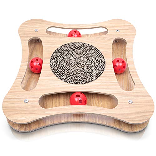 Pfotenolymp® Premium Katzenspielzeug aus Holz - Interaktiv und mit Öko Kratzbrett aus Pappe für Katze - Fummelbrett für Beschäftigung - natürliches Futterspielzeug mit Ball und Katzenminze Cover