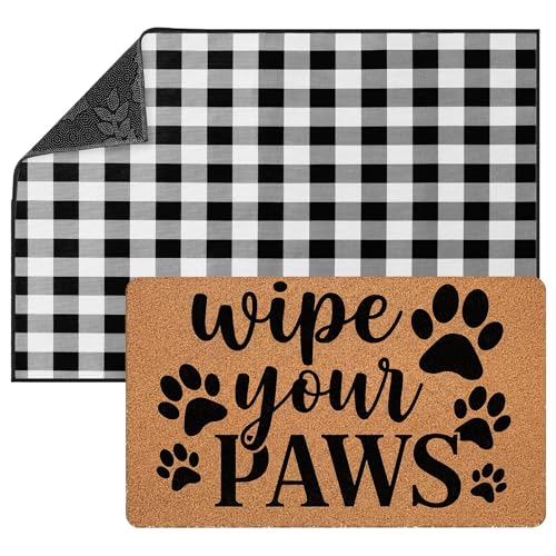 Tinideya 2 Pack Funny Wipe Your Paws Doormat Set 23x35 in Buffalo Plaid Non Slip Outdoor Welcome Mat & Coir Paw Print Rug for Dog Lovers Front Door Entryway Porch Bathroom Indoor Home Gifts Decor