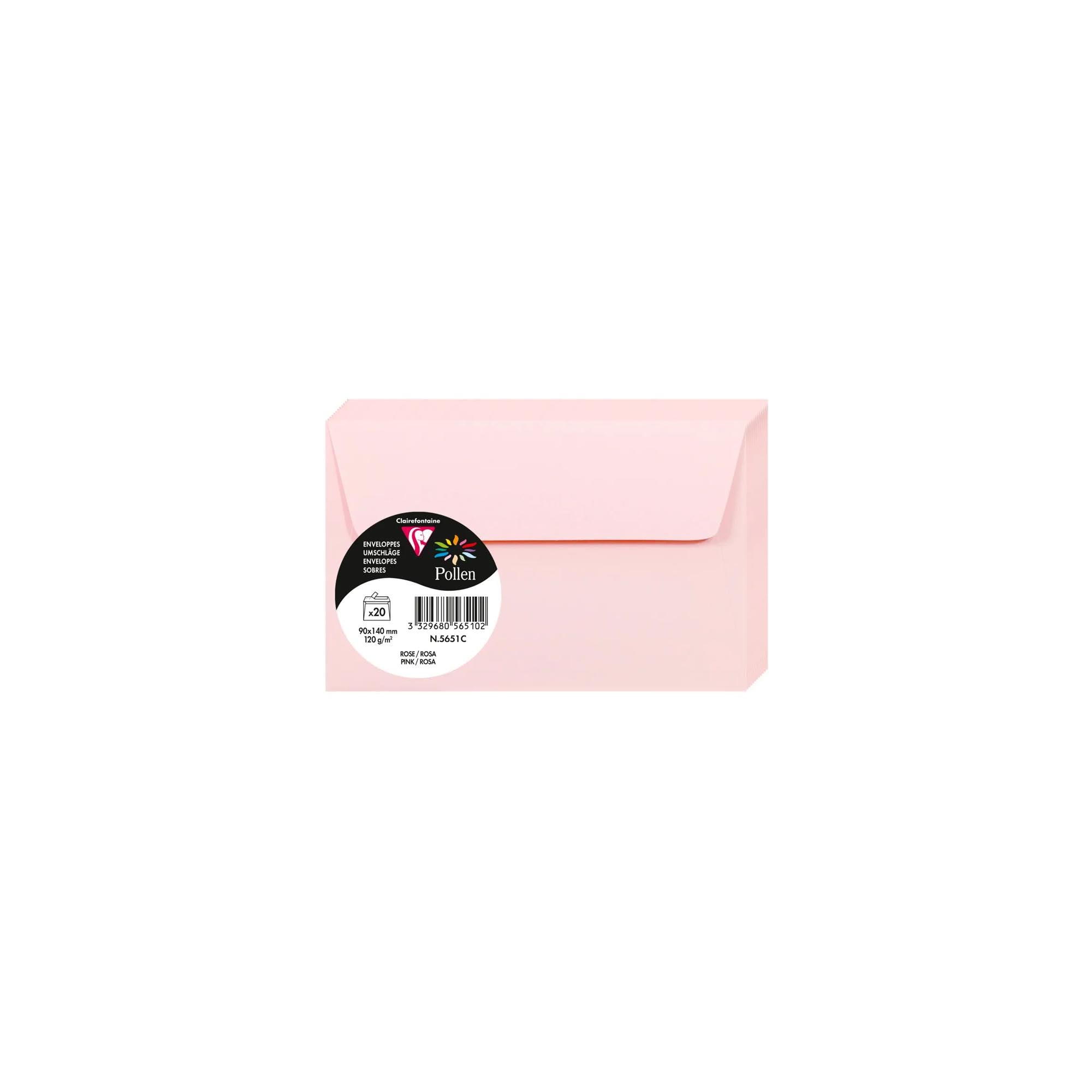 Clairefontaine 5651C Pack of 20 Self-Adhesive Envelopes Format 9x14cm 120g/m² Pink Invitation Events and Correspondence - Range Pollen - Premium Smooth Paper