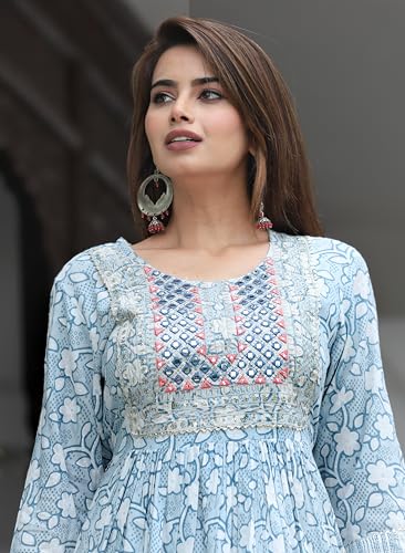 Image of Women's Stylish Rayon Nayra Cut Kurta Embroidered Work and Round Neck 3 /4 Sleeve with Pant Dupatta Set