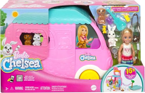 Image of Barbie Camper, Chelsea 2-in-1 Playset with Small Doll, 2 Pets & 15 Accessories, Vehicle Transforms into Camp Site