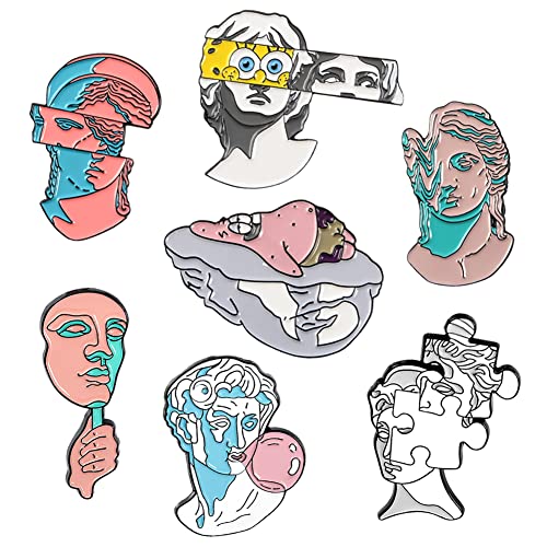7 Pack Cartoon Enamel Pins For Backpacks Jackets Hat Set, Pink David Sculpture Brooch Pins #TOP26