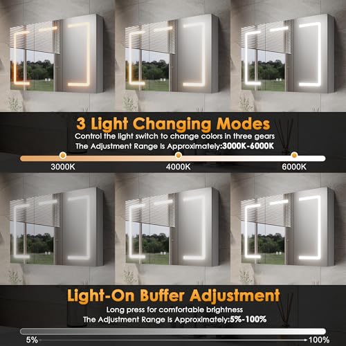 ELEGANT Bathroom Mirror Cabinet with LED Lights, Wall Mounted Cabinets Fully Assembled, 900x600mm Triple Door Mirror Cabinet with 3 Colors Dimmable, Anti-fog and Shaver Socket, Grey - Cosy Home Interiors ELEGANT Bathroom Mirror Cabinet with LED Lights, Wall Mounted Cabinets Fully Assembled, 900x600mm Triple Door Mirror Cabinet with 3 Colors Dimmable, Anti-fog and Shaver Socket, Grey - Image 3
