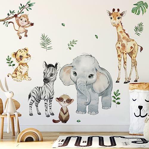 Image of Runtoo Safari Animals Wall Decals Elephant Giraffe Monkey Jungle Wall Stickers for Kids Room Baby Nursery Wall Decor