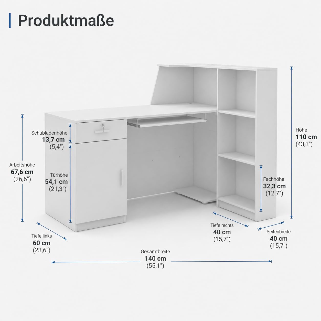 Große Empfangstheke, Empfangstresen, Bürotheke, Rezeptionstisch, Rezeptionstheke mit 1 Schubladen und 2 Einlegeböden, Empfangstheken, Rezeptionstheken mit Tastaturschublade, Weiß, 140 x 100 x 110 cm