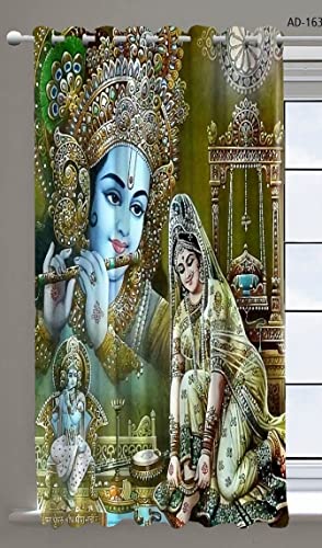 Image of Premium Fabric Radha Krishna God Design Parde for Mandir, Pooja Room, Temple, Home 4x7 feet Long Curtains Set of 1 Pc