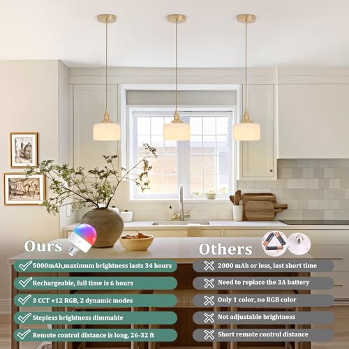 Image of Shenmoyl Battery Operated Pendant Light 5000mAh Rechargeable Chandelier with Remote Control Wireless Adjustable Hanging White Striped Light for Kitchen Island Dining Room Hallway, 2 Pack