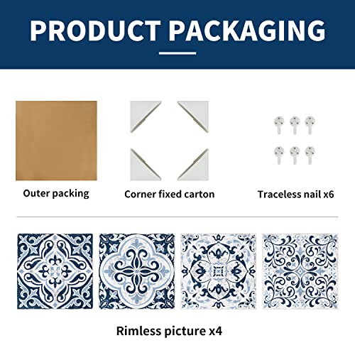 Bedroom Pictures Wall Decor Set Of 4, Canvas Art Flower Pattern Prints Bathroom Abstract Pictures Shabby Chic Style Blue-White Framed Wall Art Ready To Hang For Living Room Bedroom Kitchen Office（12"X12"） #TOP6